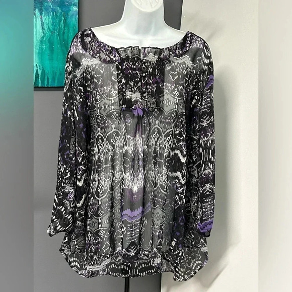 Women’s 3X SHEER Blouse Gray Purple Pleat Ruffle Long Sleeve Whimsigoth - Picture 3 of 15